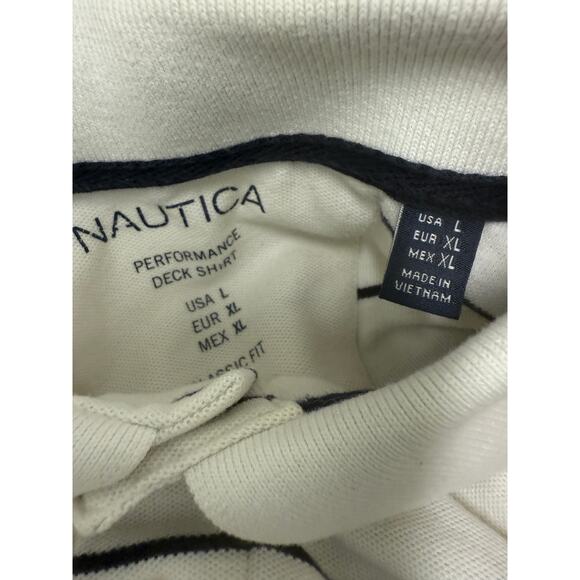 Nautica Mens Large Short sleeve Polo Shirt White navy Stripes nautical preppy - Picture 3 of 4